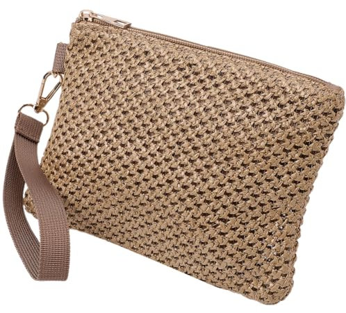 CREATCABIN Bolsa de Cosméticos Tejida de Paja Marrón, Estilo Bohemio, para Playa, para Vacaciones, Viajes, Almacenamiento, Bolsos de Mano, para Acampar Al Aire Libre, Organizador de Artículos de Tocad