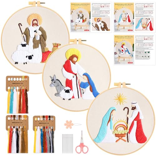 JSRQT 3 Sätze Christliche Krippe Stickerei Starter Kit für Erwachsene Anfänger,DIY Handgemachte Kreuzstich Set, Nadelspitzen-Stickset für Heimdekoration