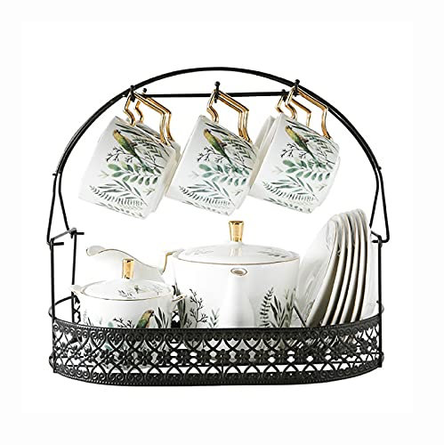 Coffee Cup 15 Piece Ceramic Tea Sets Fot Afternoon China Coffee Cup and Saucer Set with Metal Holder Parrot and Green Plants Coffee Tea Pot