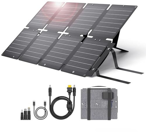 BigBlue Cargador Solar Plegable de 60W, ETFE Panel Solar Portátil QC3.0+PD45W+Salida de CC de 22,2V 【IP68 Resistente al Agua y Soporte】 para Acampada, Compatible con Celular Tableta Generador Solar