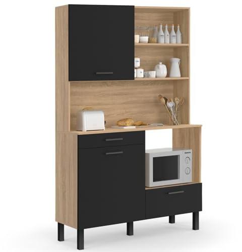 IDMarket - Buffet de Cuisine 120 cm CINA façon hêtre et Noir | Avec 3 portes et 1 tiroir