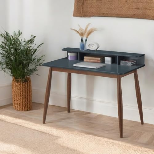 LIUWOPA Moderner Schreibtisch aus Holz im Mid-Century-Stil mit Aufsatz, Sekretär aus Gummibaumholz mit offenen Ablageflächen, minimalistischer Vintage-Schreibtisch fürs Büro