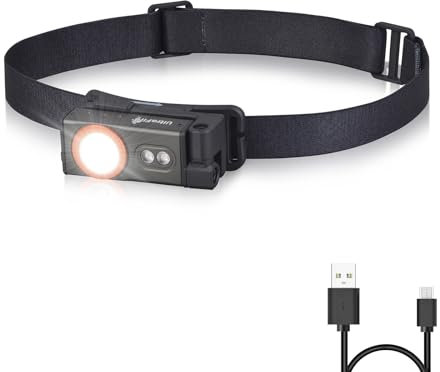 ULTRAFIRE Linterna frontal LED recargable de 500 lúmenes con luz roja, lámpara pequeña para casco, luz de trabajo con clip, rotación de 360° y ajustable de 180°