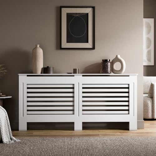 Radiant Living Radiator Cover Horizontal Slat Design, Modern White MDF Radiator Cabinet for Living Room & Bedroom, Extra Large 172 x 81.5 x 19cm