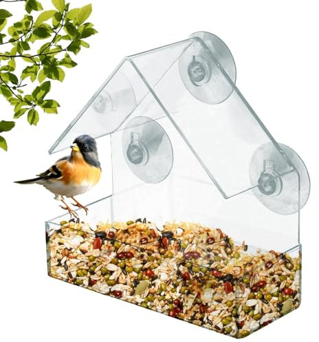 Window Bird Feeder – Clear Acrylic Bird Feeder with Strong Suction Cups & Roof – Easy Fill & Clean, Seasons