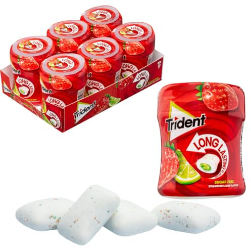 iChuches- Chicle sin azúcar de larga duración Trident. Refrescante, sin calorías, ideal para el aliento (6 botes, bote grageas fresa lima)
