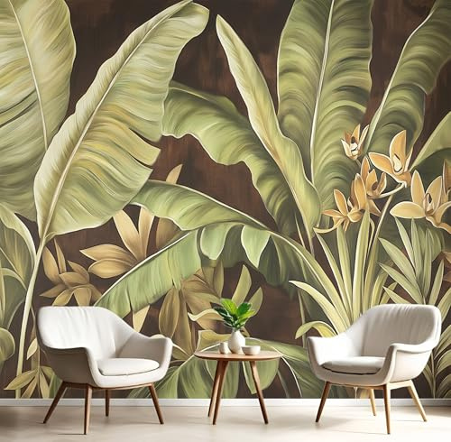 Carta Da Parati 3D Effetto 450X300Cm Fotomurali In Murale Alla Decorazione Da Muro Xxl Poster Gigante Design Soggiorno Cameretta Verde-Brunastro Palma Banano Foresta Pluviale Tropicale