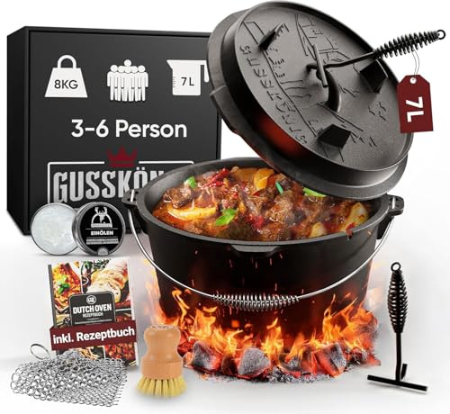 GUSSKÖNIG Essential Line Dutch Oven Set [für 3–6 Person]–5,5L Topf & 1,5L Deckel, eingebrannter Feuertopf mit Füßen, inkl. Deckelheber, Ringreiniger, Pflegepaste, Bürste & Rezeptbuch–30 Jahre Garantie