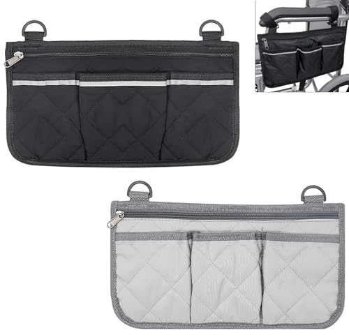 2 Stück Rollstuhltasche, Seite Rollstuhl Tasche Armlehnentasche mit 4 Taschen und reflektierendem Streifen Rollstuhl Zubehör Rollator Tasche für die meisten Rollstühle, Gehhilfen