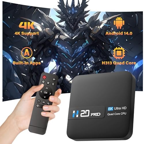 H20 Pro TV Box Android 14.0, Smart Box 4K Ultra HD para TV con WiFi de 2.4GHz+5GHz, Dispositivo de Canales de Internet para TV, Chip H313 Quad-Core, USB 2.0, Compacto y Potente