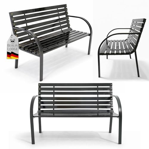 Berlinlodge Gartenbank Santorini Holz & Metall 2-Sitzer, wetterfest, rustikal & massiv, 82 x 120 x 58 cm, Schwarz, Balkonbank, Holzbank, Wintergarten Gartenmöbel, Sitzbank, Garten Balkon & Terrasse