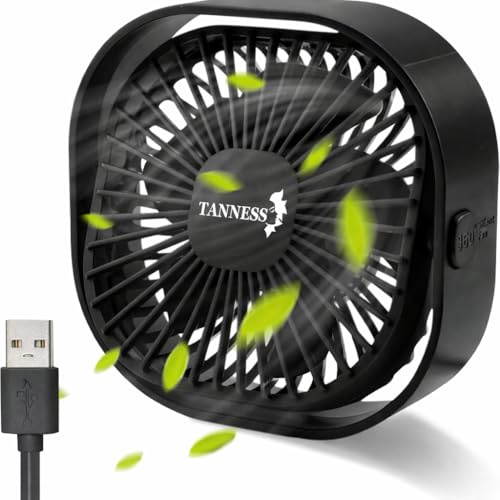 TANNESS Desk Fan, USB, 360° Rotation | Small, Portable Quiet, 3 Speed Fans & Strong Airflow, Standing Cooling Quiet Bedroom, Black