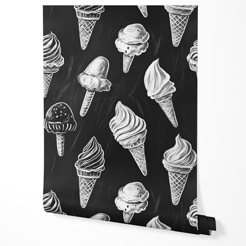 GP TONER Wallpaper ice Cream Pattern Black White Kitchen Cafe Restaurant Modern Design Washable UV-Resistant Non-Woven Wallpaper 197 x 20 in
