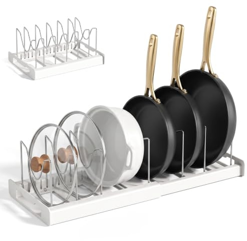 Dexpally Expandable Pots and Pans Organiser, Pan Lid Storage with 7 Adjustable Dividers, Pots and Pans Organiser for Cupboard, 56CM Expandable Pan White for Cupboard, Pans