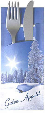 30 Bestecktaschen mit Serviette Winter marmoriert 20 cm