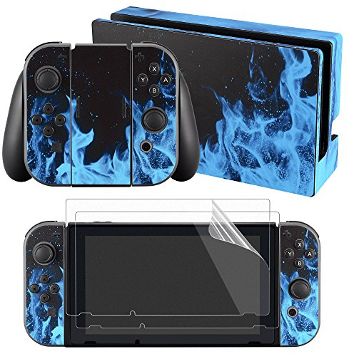 eXtremeRate Aufkleber Sticker Skin Decal Folie Abziehbild Faceplates Kleberfolie mit 2 Displayschutzfolie für Nintendo Switch/NS Konsole&Joy-Con&Dock&Griff(Blaue Flamme)