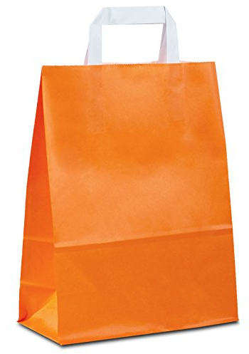 Papiertüten orange mit Flach-Henkel I 100 Stk. 22+10x28cm I Papiertragetasche für Einzelhandel, Weihnachten, Mitbringsel, TO-GO I Geschenktüten aus Kraftpapier I HUTNER