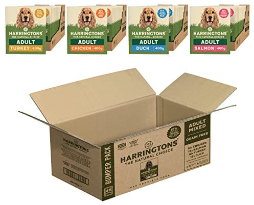 Harringtons Complete Wet Tray Grain Free Hypoallergenic Adult Dog Food Super Bumper Pack 48x400g - Chicken, Salmon, Turkey & Duck - Made with All Natural Ingredients
