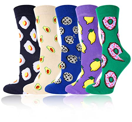 Benefeet Sox Lustige Crew-Socken für Mädchen, niedliches Tier, buntes Blumenmuster, albern, flippig, lässig, Baumwollsocken, 5er-Pack - Ei, Avocado, Kekse, Zitrone, Donut, Einheitsgröße