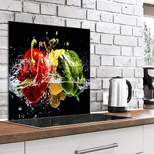 murando Spritzschutz Glas für Küche 60x60 cm Küchenrückwand Küchenspritzschutz Fliesenschutz Glasbild Dekoglas Küchenspiegel Glasrückwand Gemüse Paprika Wasser - j-B-0059-aq-a