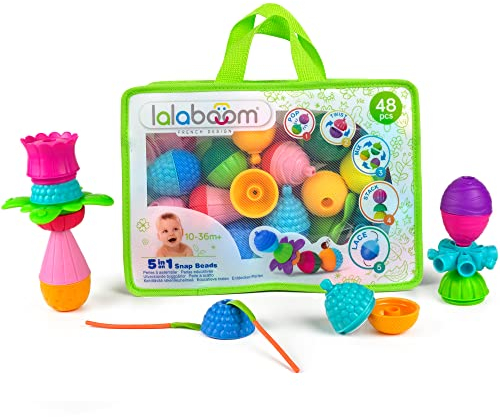 Lalaboom - Perles de Motricité Premier Âge - Jouet d'Éveil et Assemblage - Sac Jeu de Construction Formes et Couleurs - Évolutif de 10 Mois à 4 Ans - 48 Pièces, BL460