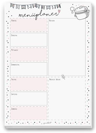 Menüplaner in DIN A4 I 50 Blatt I Essensplaner im Konfetti Motiv als Block für die ganze Familie I Wochen-Übersicht I aus Papier zum Abreißen I dv888