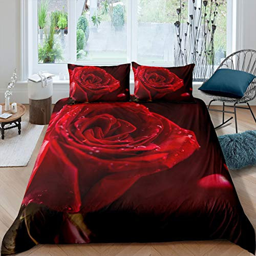 3D Rose Bedding Set Rose Floral Print Duvet Cover for Girls Lovers Couple Romantic Flowers Comforter Cover Valentine'S Day Bedspread Cover Bedroom Collection 3Pcs King Size