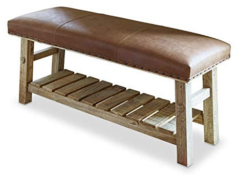 Loberon Bank Edwin, mit Ablagefläche, rustikal & langlebig, natürliche Patina, Sitzmöbel, Sitzbank, Entrée, Mangoholz, Büffelleder, antikbraun