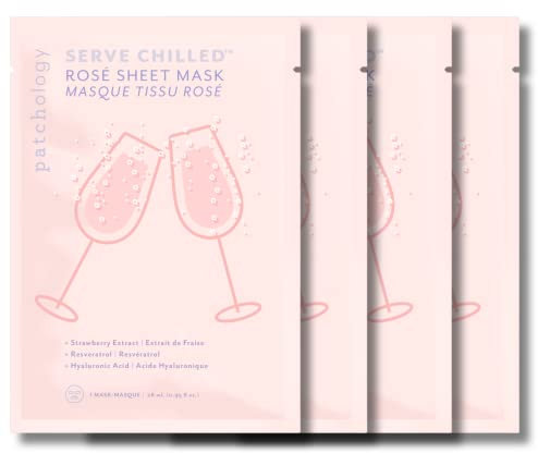 Patchology Serve Chilled Rosé Sheet Mask - Maschera nutriente per il viso con resveratrolo, acido ialuronico ed estratto di fragola - Maschera idratante Skincare Routine - 4 pezzi