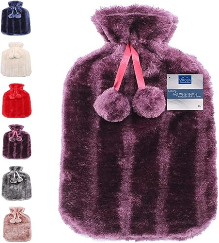VIROSA Luxury Hot Water Bottle with Soft Faux Fur Cover & Pom Poms – 2 Litre Large Leakproof Rubber Bottle for Neck, Shoulder, Back Pain Relief & Hand and Feet Warmer (Violet)