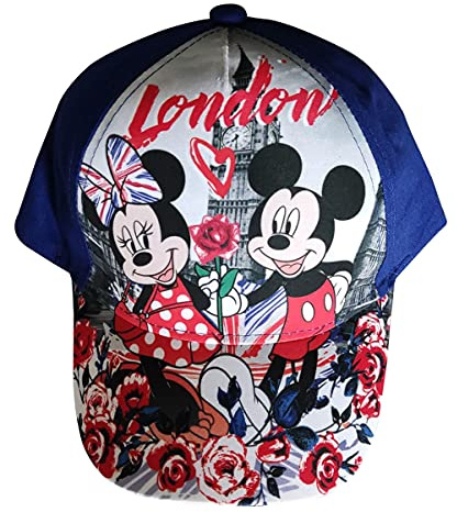 Minnie und Mickey Maus in London Kappe Mütze Base Cap mit Big Ben, Herzen, Rosen für Kinder, Jungen und Mädchen (Blau, 52)