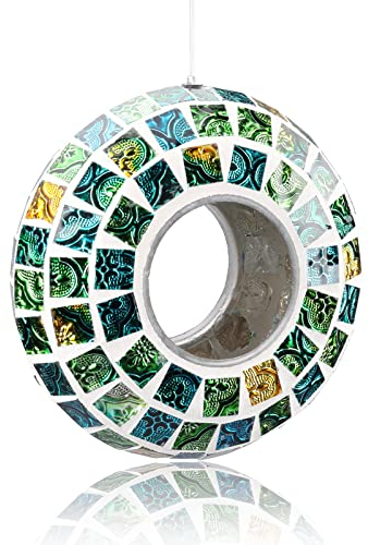 Yinns Vogelfutterspender, Durchflug-Vogelfutterspender für den Außenbereich, hängender Mosaikglas-Vogelfutterspender, runder Wildvogelfutterspender 18 cm, Grün