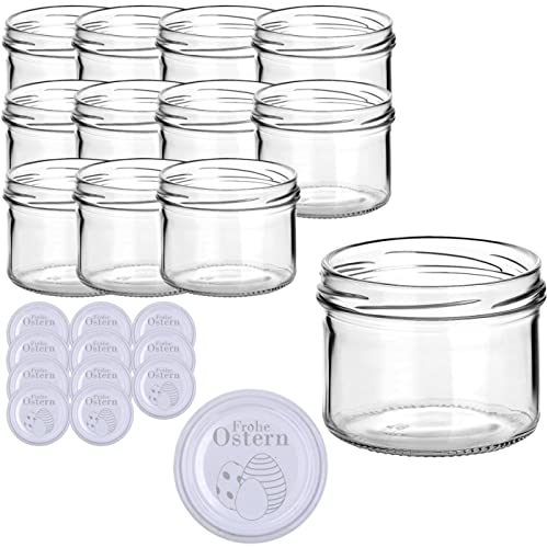 gouveo 12er Set Einmachgläser 230 ml mit Motivdeckel weiß Frohe Ostern Motiv 3 - Vorratsgläser, Marmeladengläser, Einkochgläser, Geschenkgläser für das Osterfest