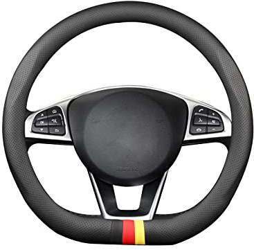 Ergocar D-Form Auto Lenkradhülle, Universal Oberste Schicht Rindsleder und Kohlefaser Lenkradbezug, Atmungsaktiv Lenkradschoner, Weich Bequem Lenkradschoner Passend 38 cm für die Meisten Modelle