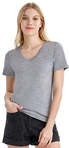 Merino Protect 100% Merino Wolle V-Ausschnitt Shirt Damen Kurzarm Wolle Unterhemd Geruchsresistenz Funktionsunterwäsche Reisen Wandern Merinowolle Unterwäsche