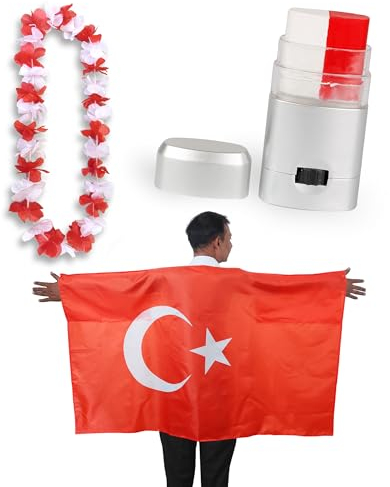 Sonia Originelli Fanset Fanartikel Poncho Fahne Flagge zum Umhängen Schminkstift und Blumenkette Hawaiikette Farbe: Türkei