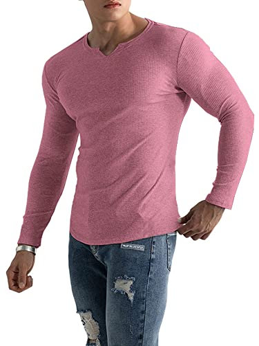 Muscle Cmdr Tee Shirt Manche Longue Homme Coupe ajustée Business Shirt,T-Shirt Côte,Chemise à Col V(Rose L)