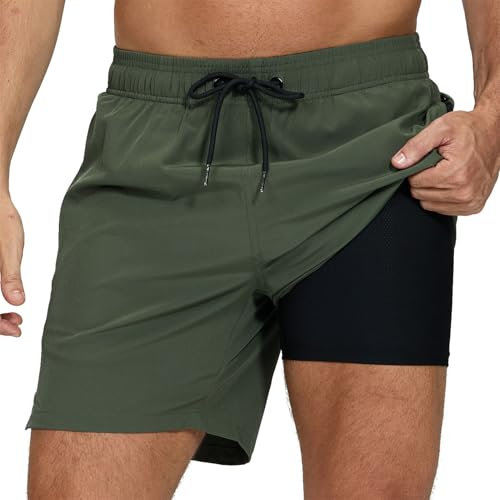 Shorts de Bain Homme Maillot de Bain Séchage Rapide, Doublure en Maille Élastique avec Poches Pantalon Court de Plage Cordon de Serrage Réglable Boxer Surf Sport Piscine Natation M Militaire Vert