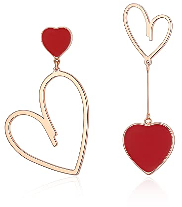 EVER FAITH Asymmetrische Ohrringe Herz Tropfen Ohrstecker mismatched earring Rot Rosegold-Ton