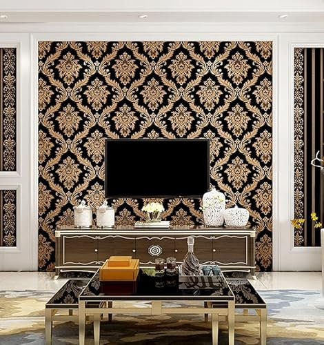 BaierSai 9.5X0.53m Luxury Gold Damask Black Waterproof Matte Embossed Textured PVC Wallpaper Murals Roll for Bedroom Livingroom 1.73' W x 31.2' L=5.035㎡ (54sq.ft)