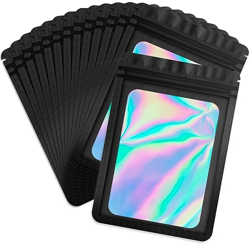 Durimoiy 100 Stück schwarze Mylar Holographic Bags Verpackungsbeutel, klare wiederverschließbare geruchssichere Beutel Folie Pouch Zipper Beutel für Lebensmittel Lagerung, Lipgloss, Schmuck(9x16 cm)