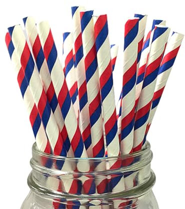 Berto Paper Straws 25pcs, Biodegradable Recyclable Drinking Straws for Wedding | Birthday Party Straws for Cocktail, Holiday, Coffee, Soda, Baby Shower Suppliers. (White with Red & Blue Stripes)