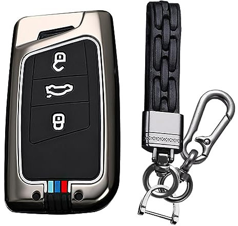 KUNIO Keyless Schlüsselhülle Passt für VW Arteon Passat B8 Tiguan Jetta Skoda Fabia Karoq Superb Seat Ateca Metall Autoschlüssel Hülle Schlüsselanhänger 3 Tasten A Schwarz