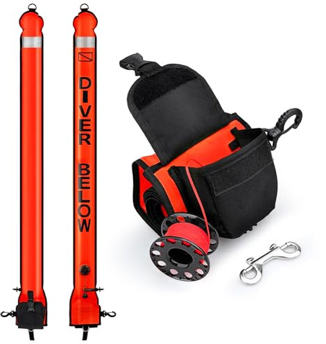 Owekfifv Oberflächenmarkierungsboje mit Rolle, 1,5 m hohe Sichtbarkeit, Tauchen, offener Boden, Signalröhrchen, Sicherheitswurst mit Beuteltasche, 30,5 m ABS-Tauchrolle und doppelendigem