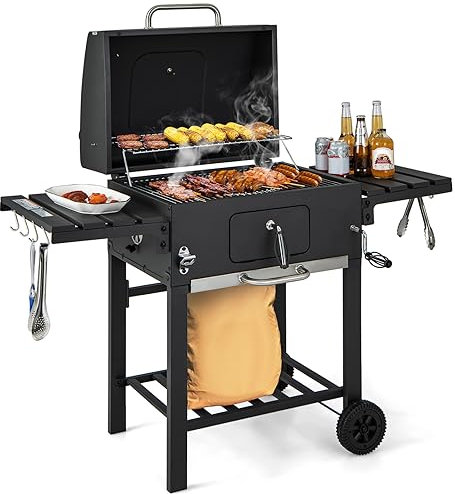 HAPPYGRILL Charcoal Grill Outdoor BBQ Grill with 2 Foldable Side Tables, 8 Hooks, Storage Shelf, 2 Wheels, Flame Control, Heavy Duty Cooking Grill for Picnic Party Camping Backyard Patio