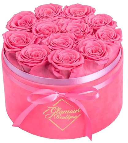 GLAMOUR BOUTIQUE Flower Forever Geschenkbox 12 echte konservierte Rosen in runder weißer Samt-Box, handgefertigt, Rosenblätter, Geburtstag, Hochzeit, Jubiläum, Abschlussfeier - Velvet Pink