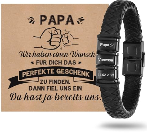 Vatertagsgeschenk Armband Herren mit Gravur Lederarmband Papa - Armband mit Name Personalisiert Armbänder für Herren Männer Schmuck Herren Ideales Papa Geschenk für Vater DAD Geburtstag Hochzeitstag