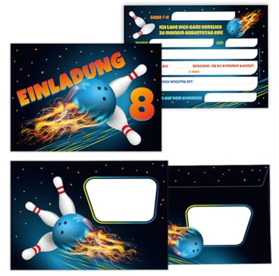 Minkocards 8 Einladungskarten incl. 8 Umschläge zum 8. Kindergeburtstag Kegeln Bowling Jungen Mädchen Einladungen achte Geburtstag Kinder Einladungsset
