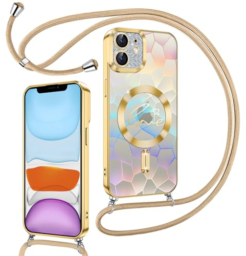 Kokio Magnetische Glitzer Handykette für iPhone 11 Hülle mit Band [Kompatibel mit MagSafe] Kameraschutz Durchsichtig Handyhülle für Frauen Mädchen Silikon Stoßfeste Schutzhülle für iPhone 11 Gold