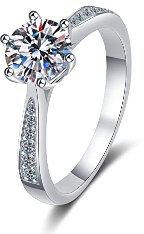 Lieson Damen Ringe für Verlobung, Eheringe für Frauen Silber 925 Klassisch mit 6 Zinken Rund Moissanit 3ct Hochzeitsringe Silber Gr. 49 (15.6)
